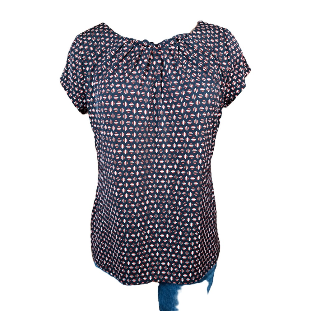 Worthington Petite Medium Black Red Geometric Circle Print Short Sleeve Blouse‎
